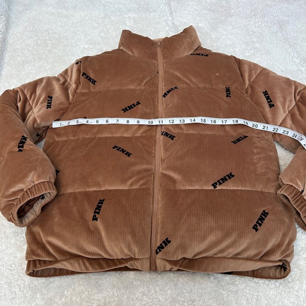 VS Pink Womens Rib Velour Puffer Caramel M Preppy Casual School Logo Winter/Fall - Picture 3 of 8